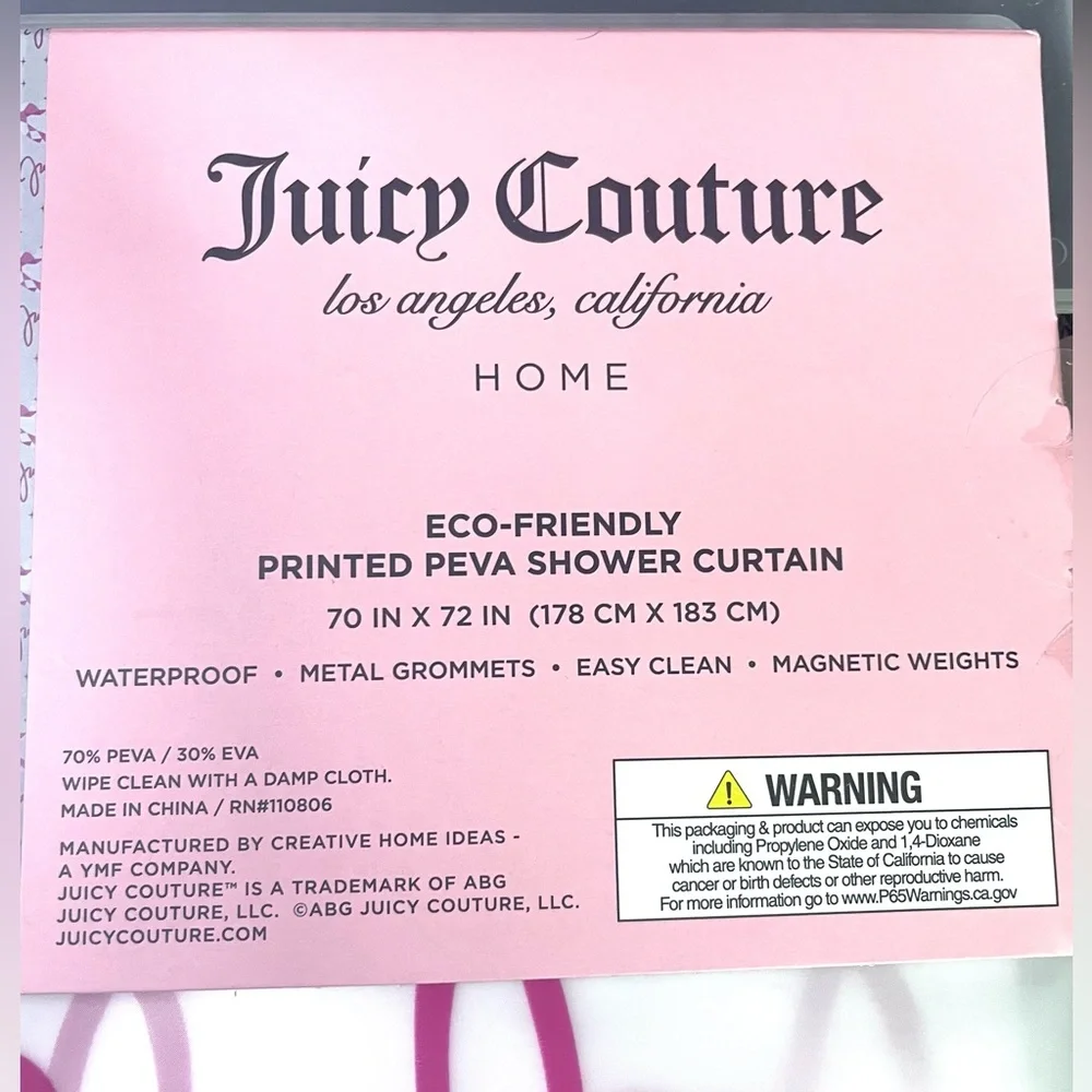Juicy Couture Pink Geometric Hearts Semi-Clear Shower Curtain PEVA 70x72 NWT